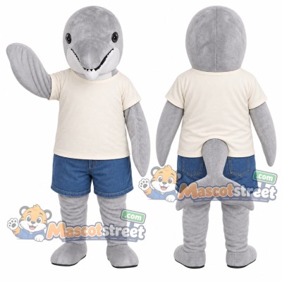 Gray Dolphin Mascot Costume with Cream Shirt and Blue Shorts Gray Dolphin Mascot Costume with Cream Shirt and Blue Shorts