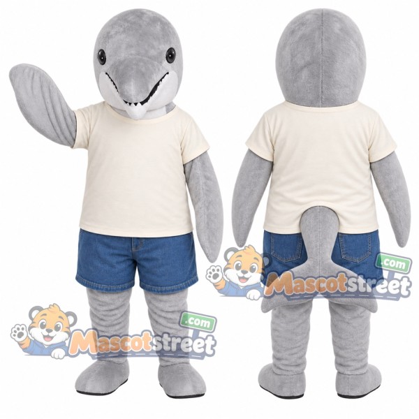 Gray Dolphin Mascot Costume with Cream Shirt and Blue Shorts