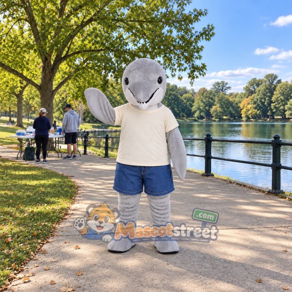 Gray Dolphin Mascot Costume with Cream Shirt and Blue Shorts