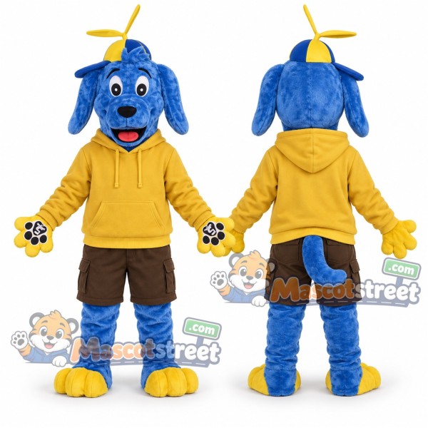 Blue Dog Mascot Costume with Yellow Hoodie and Brown Shorts