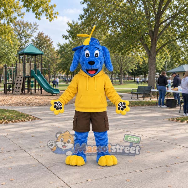 Blue Dog Mascot Costume with Yellow Hoodie and Brown Shorts