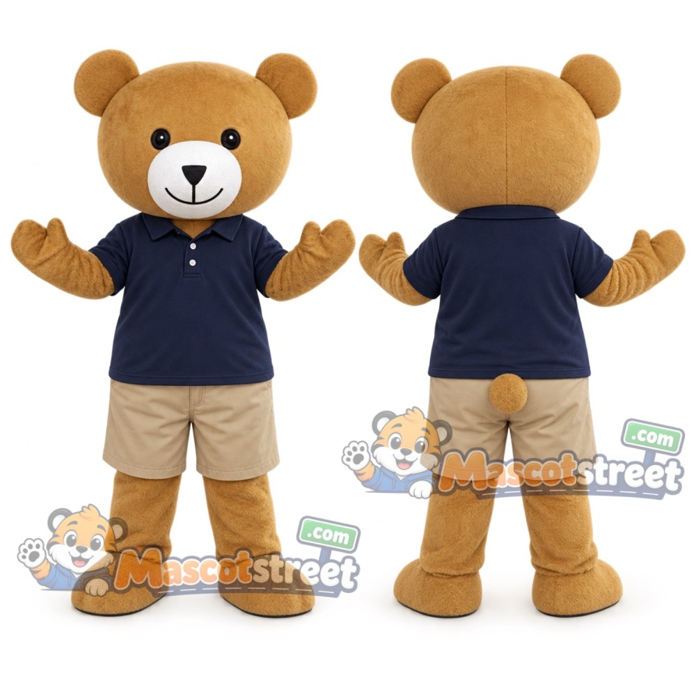 Tan Bear Mascot Costume with Navy Shirt and Khaki Shorts Tan Bear Mascot Costume with Navy Shirt and Khaki Shorts