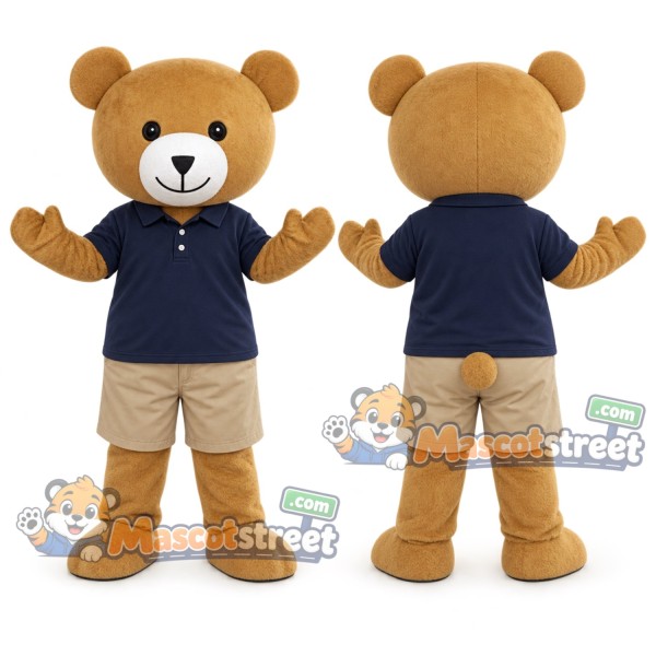 Tan Bear Mascot Costume with Navy Shirt and Khaki Shorts