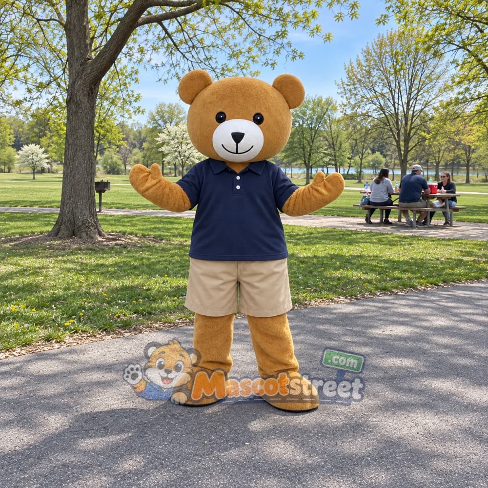 Tan Bear Mascot Costume with Navy Shirt and Khaki Shorts Tan Bear Mascot Costume with Navy Shirt and Khaki Shorts