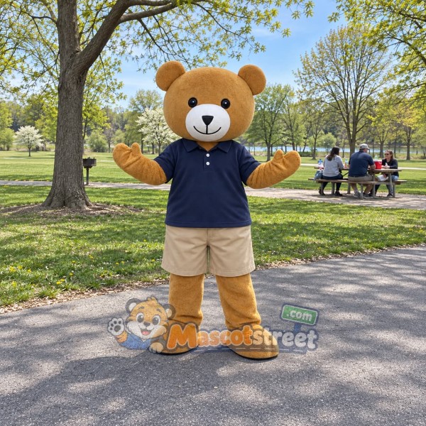 Tan Bear Mascot Costume with Navy Shirt and Khaki Shorts