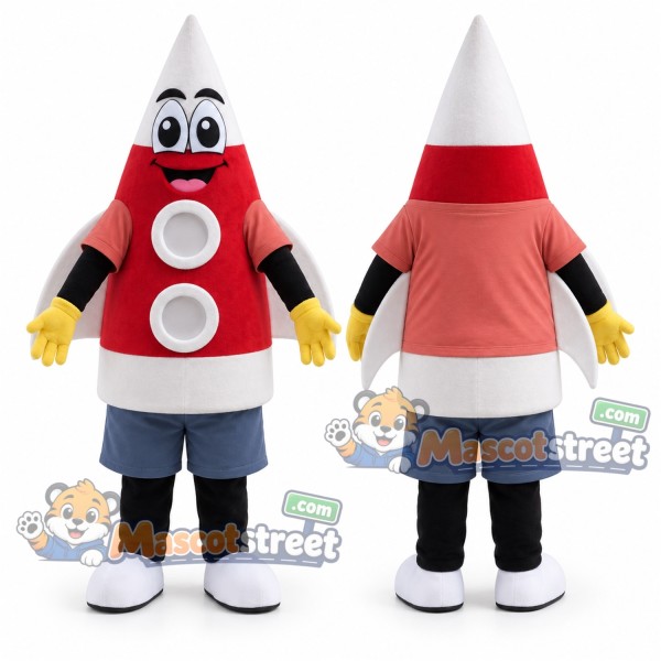 Red and White Rocket Mascot Costume with Coral Shirt and Gray Shorts