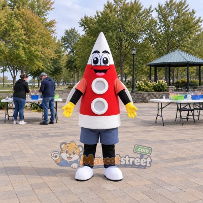 Red and White Rocket Mascot Costume with Coral Shirt and Gray Shorts Red and White Rocket Mascot Costume with Coral Shirt and Gray Shorts