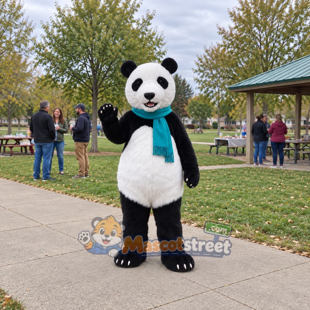 Panda Mascot Costume with Teal Scarf Panda Mascot Costume with Teal Scarf