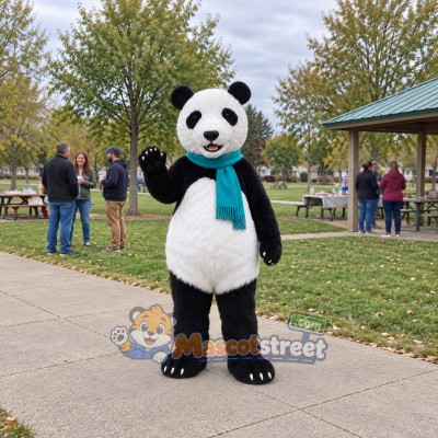 Panda Mascot Costume with Teal Scarf Panda Mascot Costume with Teal Scarf