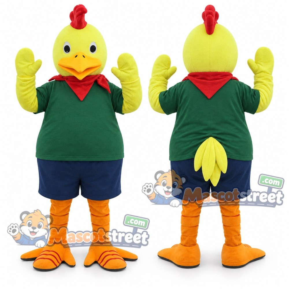 Yellow Rooster Mascot Costume with Green Shirt and Navy Shorts