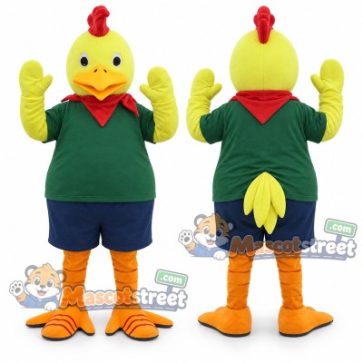 Yellow Rooster Mascot Costume with Green Shirt and Navy Shorts