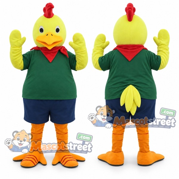 Yellow Rooster Mascot Costume with Green Shirt and Navy Shorts