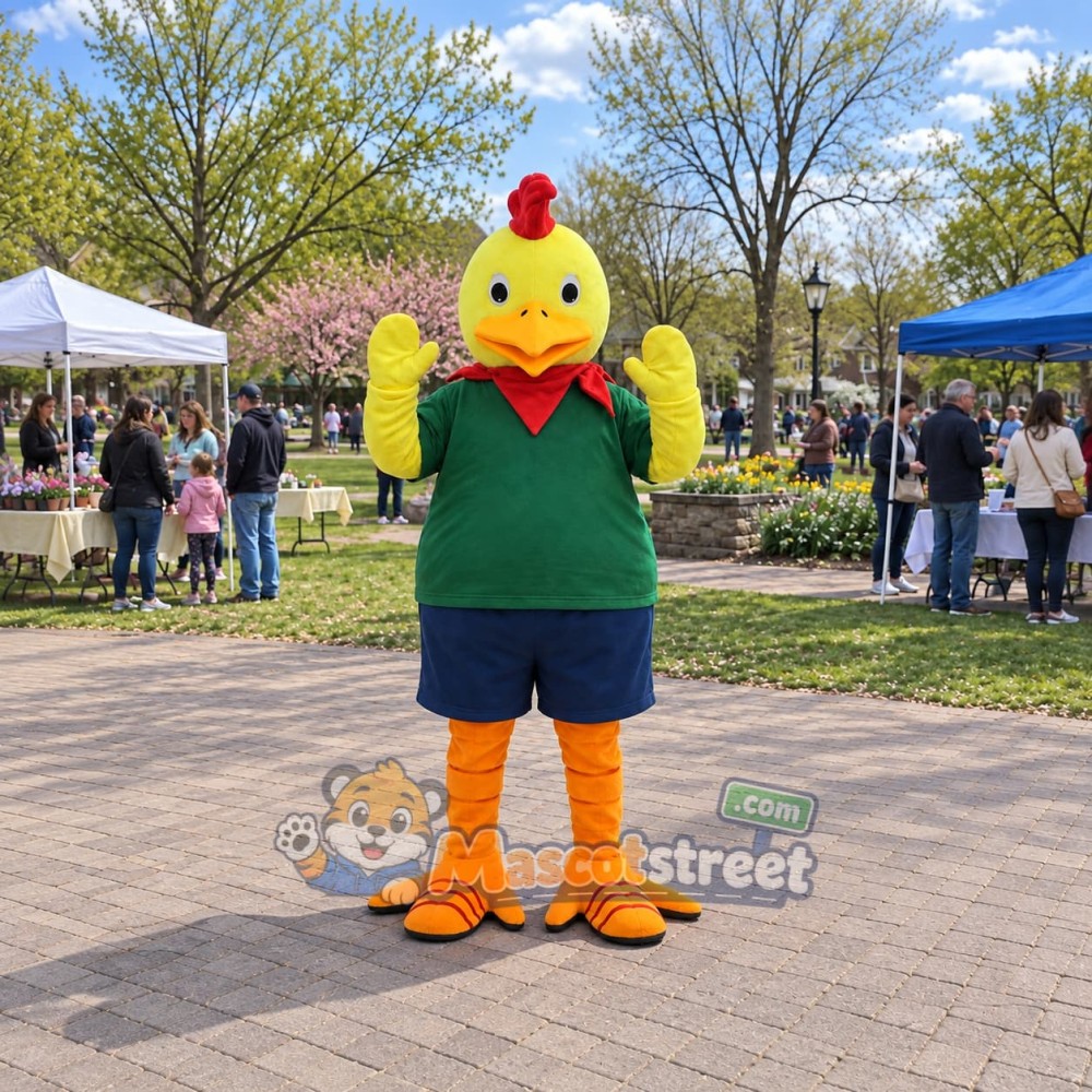 Yellow Rooster Mascot Costume with Green Shirt and Navy Shorts