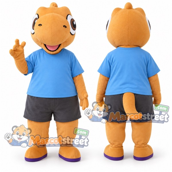Orange Dinosaur Mascot Costume with Blue Shirt and Gray Shorts