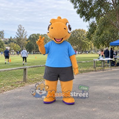 Orange Dinosaur Mascot Costume with Blue Shirt and Gray Shorts Orange Dinosaur Mascot Costume with Blue Shirt and Gray Shorts