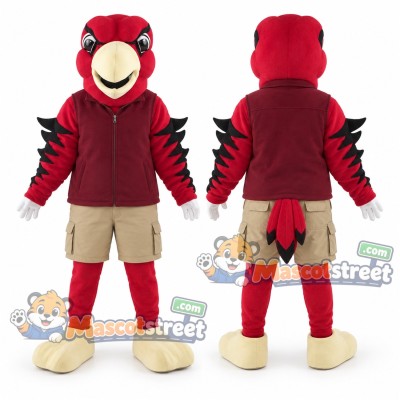 Red Eagle Mascot Costume with Burgundy Vest and Khaki Shorts