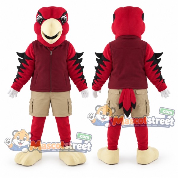 Red Eagle Mascot Costume with Burgundy Vest and Khaki Shorts