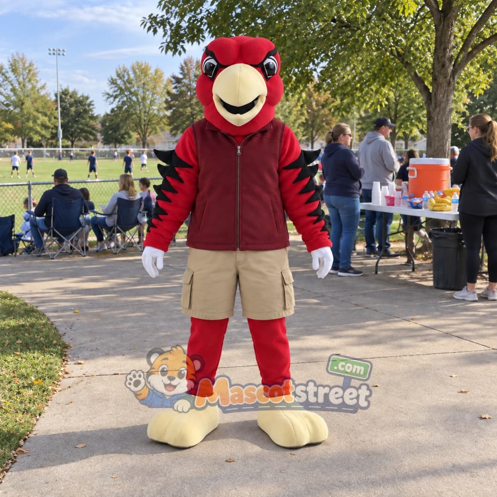 Red Eagle Mascot Costume with Burgundy Vest and Khaki Shorts