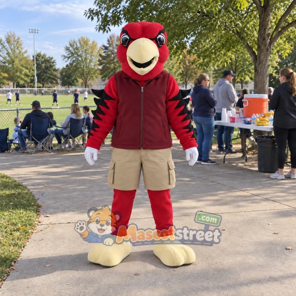 Red Eagle Mascot Costume with Burgundy Vest and Khaki Shorts