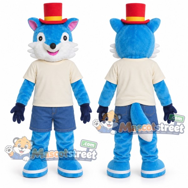 Blue Fox Mascot Costume with Cream Shirt and Blue Shorts