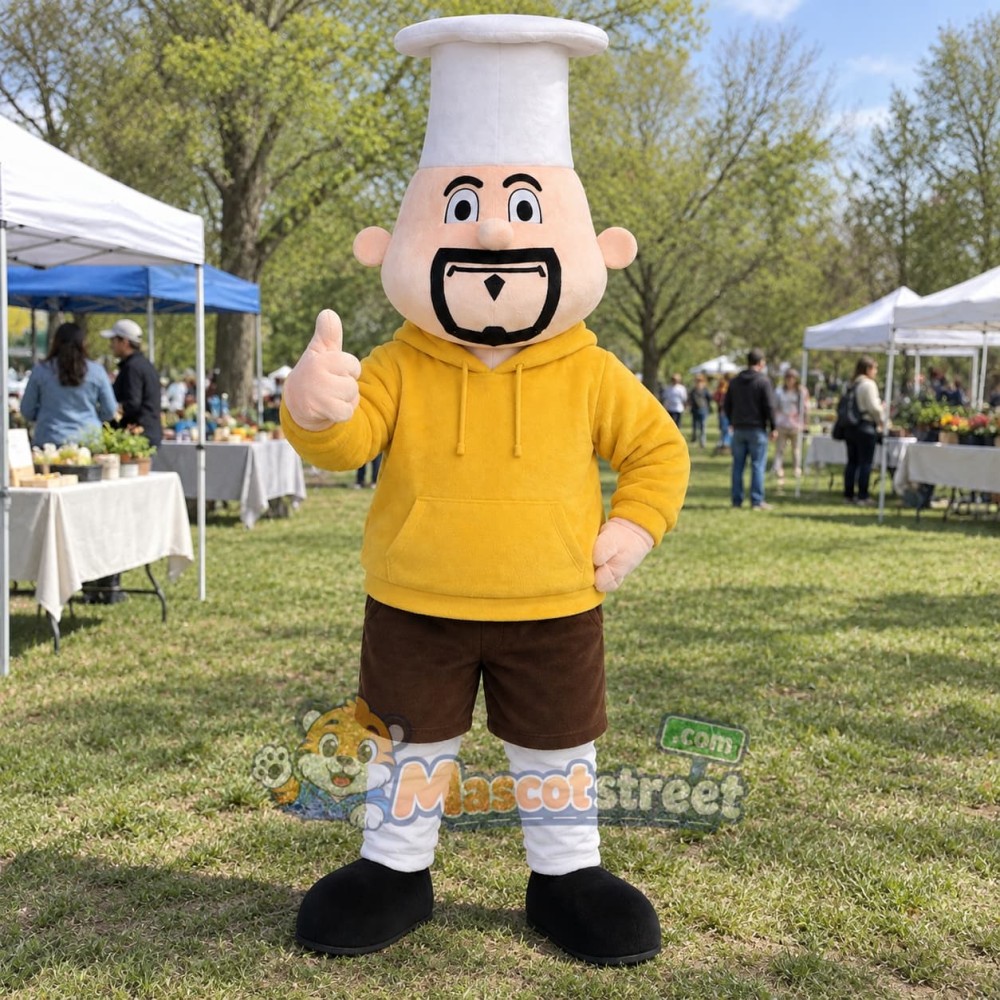 Chef Mascot Costume with Yellow Hoodie and White Chef Hat
