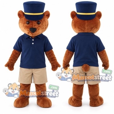 Brown Bear Mascot Costume with Navy Shirt and Blue Top Hat Brown Bear Mascot Costume with Navy Shirt and Blue Top Hat