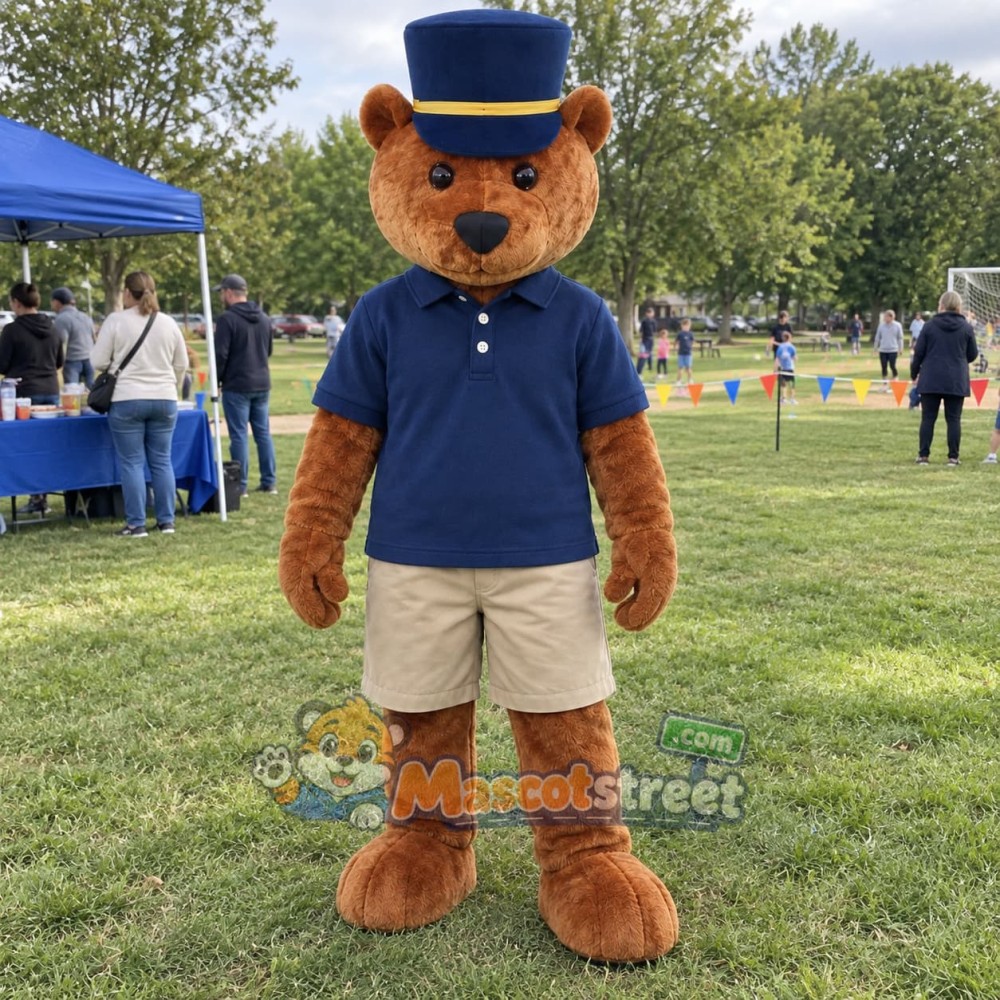 Brown Bear Mascot Costume with Navy Shirt and Blue Top Hat Brown Bear Mascot Costume with Navy Shirt and Blue Top Hat
