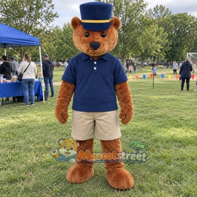Brown Bear Mascot Costume with Navy Shirt and Blue Top Hat Brown Bear Mascot Costume with Navy Shirt and Blue Top Hat