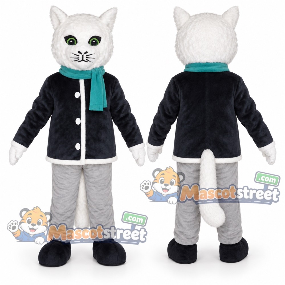 White Cat Mascot Costume with Black Jacket and Teal Scarf White Cat Mascot Costume with Black Jacket and Teal Scarf