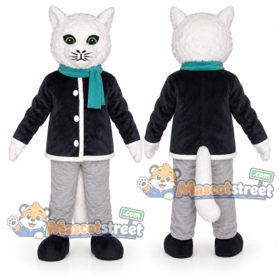 White Cat Mascot Costume with Black Jacket and Teal Scarf White Cat Mascot Costume with Black Jacket and Teal Scarf