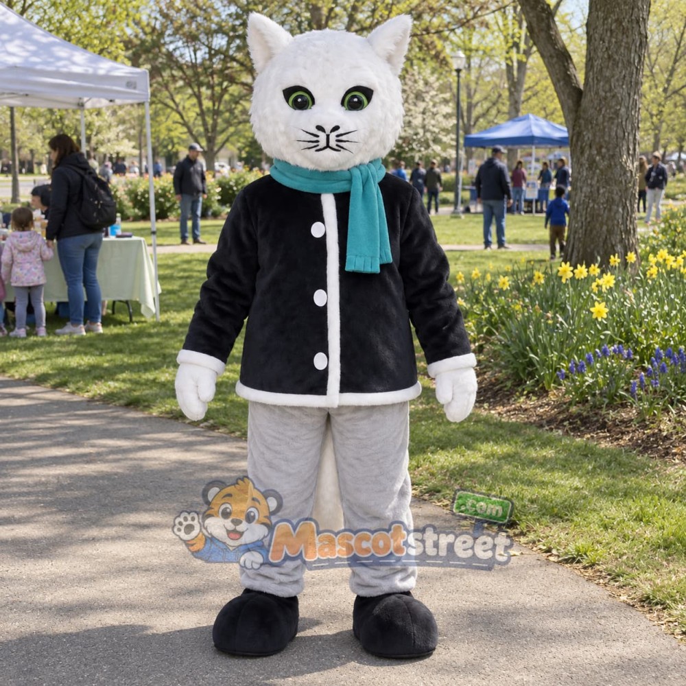 White Cat Mascot Costume with Black Jacket and Teal Scarf White Cat Mascot Costume with Black Jacket and Teal Scarf