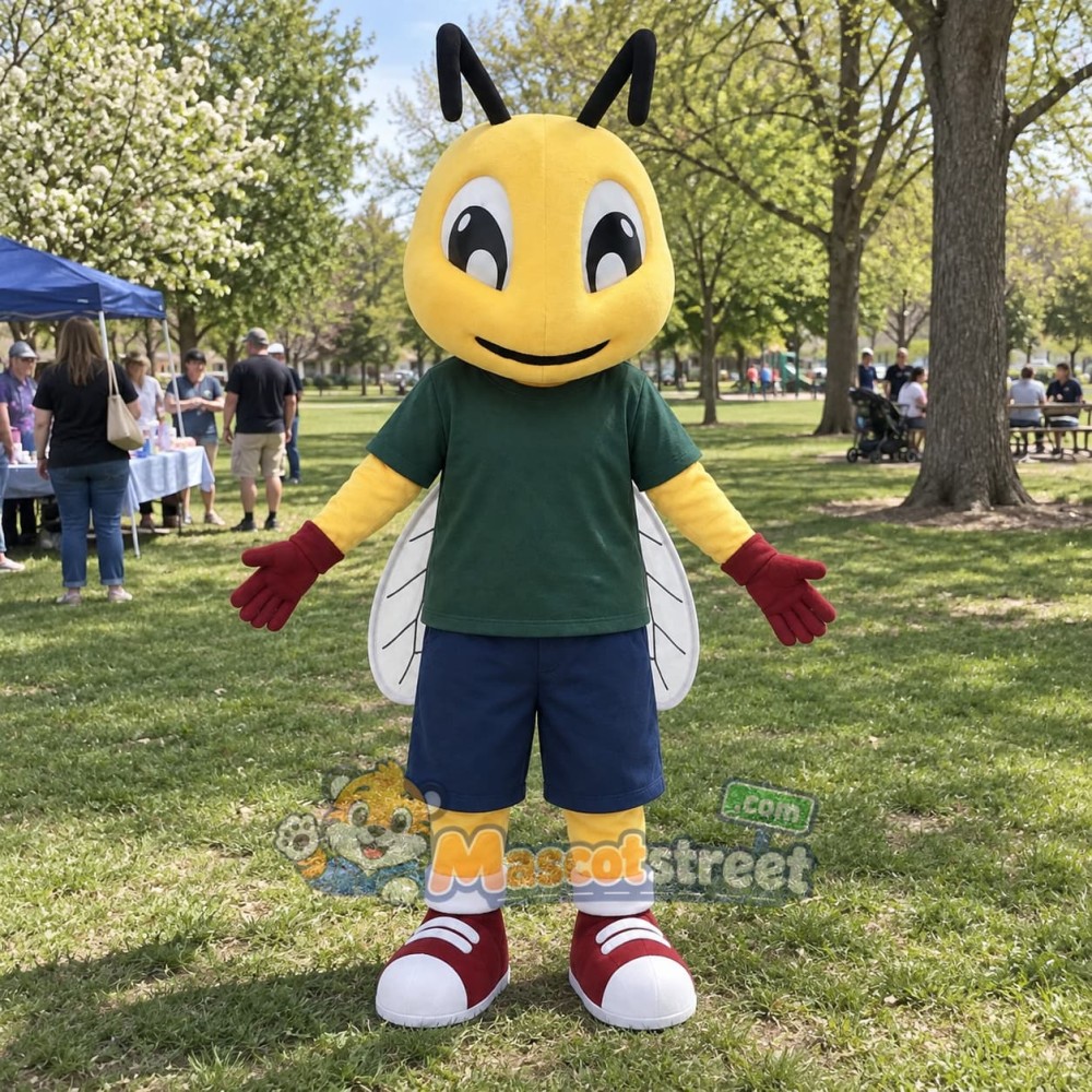 Yellow Ant Mascot Costume with Green Shirt and Navy Shorts Yellow Ant Mascot Costume with Green Shirt and Navy Shorts