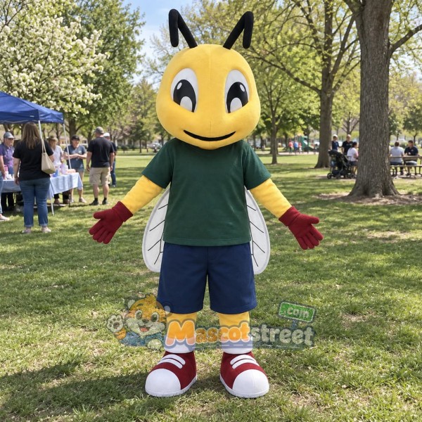 Yellow Ant Mascot Costume with Green Shirt and Navy Shorts