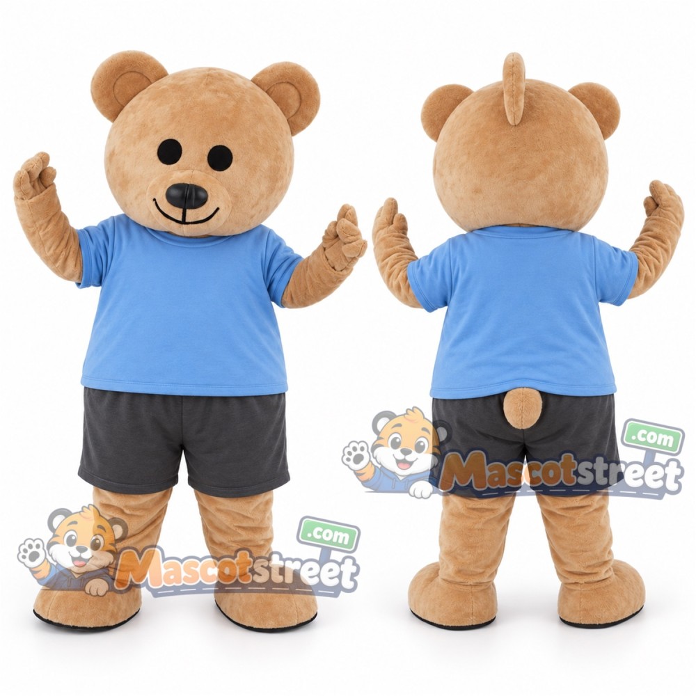 Tan Bear Mascot Costume with Blue Shirt and Gray Shorts