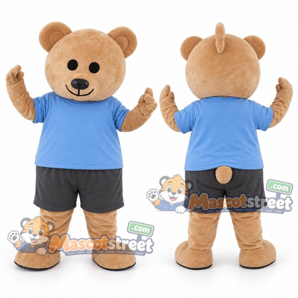 Tan Bear Mascot Costume with Blue Shirt and Gray Shorts