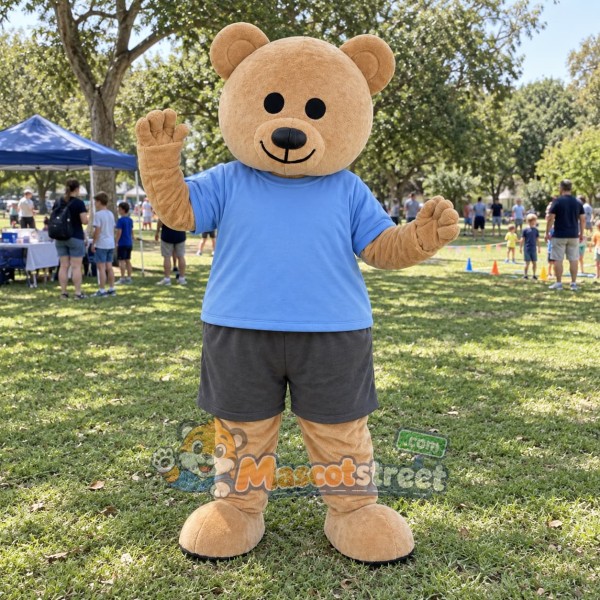 Tan Bear Mascot Costume with Blue Shirt and Gray Shorts