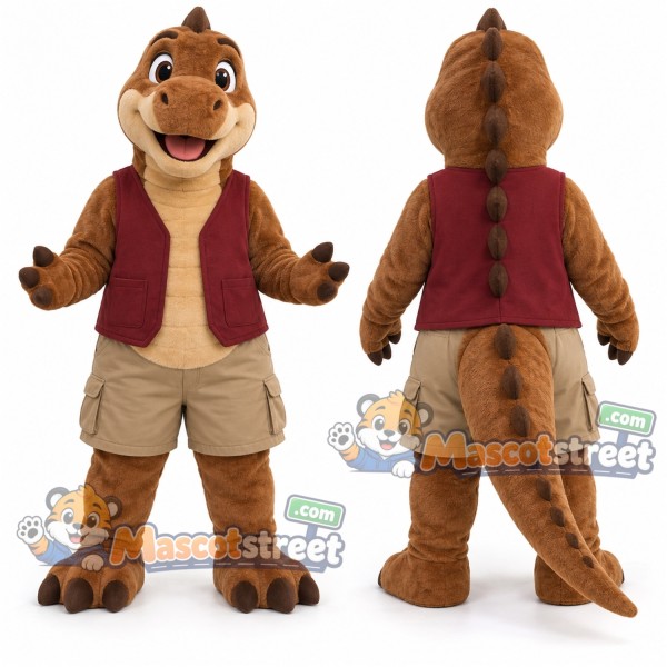 Brown Dinosaur Mascot Costume with Burgundy Vest and Khaki Shorts