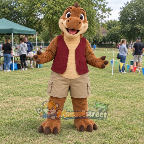 Brown Dinosaur Mascot Costume with Burgundy Vest and Khaki Shorts