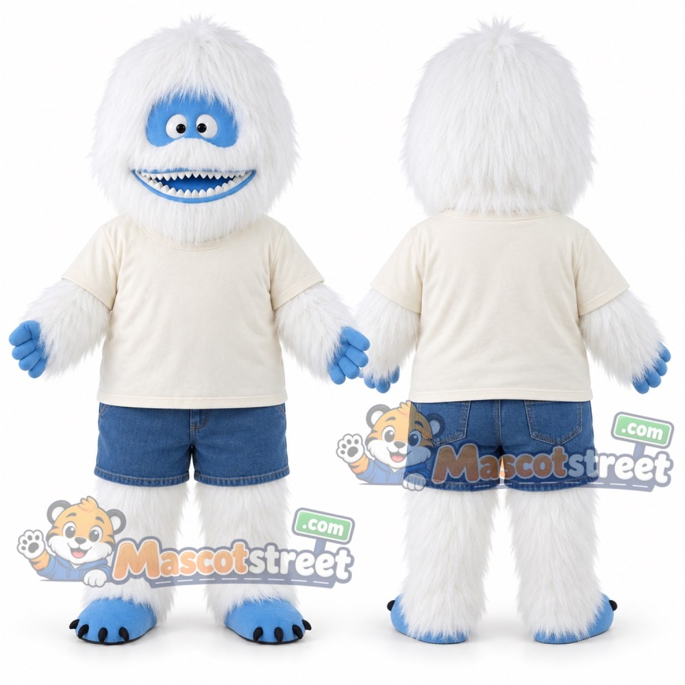 White Yeti Mascot Costume with Cream Shirt and Blue Shorts White Yeti Mascot Costume with Cream Shirt and Blue Shorts