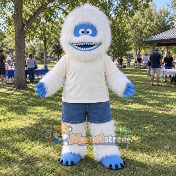 White Yeti Mascot Costume with Cream Shirt and Blue Shorts