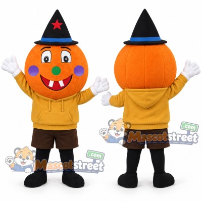 Pumpkin Mascot Costume with Yellow Hoodie and Witch Hat