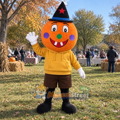 Pumpkin Mascot Costume with Yellow Hoodie and Witch Hat