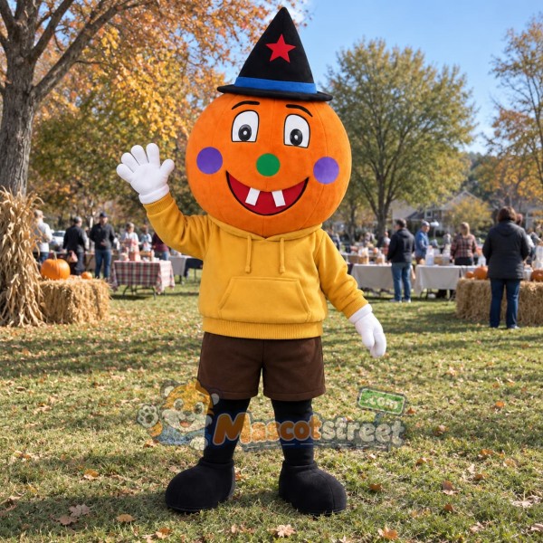 Pumpkin Mascot Costume with Yellow Hoodie and Witch Hat