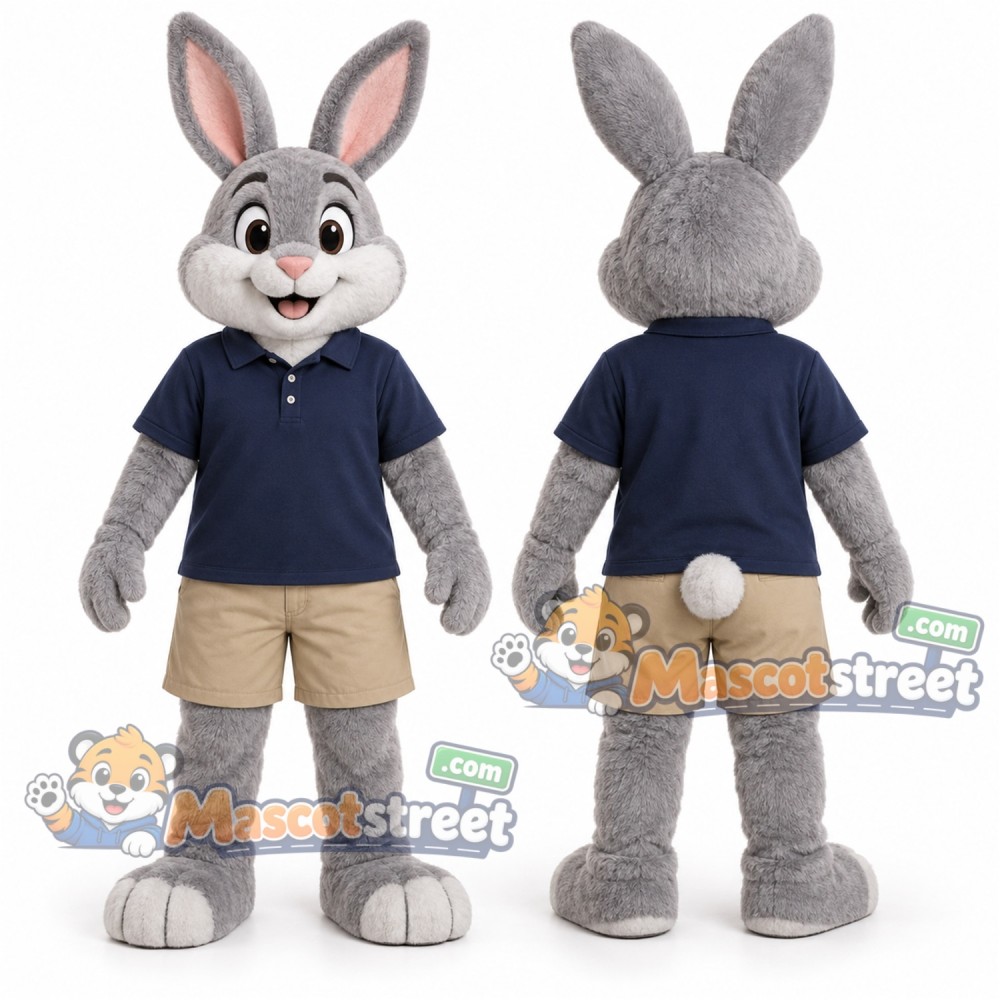 Gray Rabbit Mascot Costume with Navy Shirt and Khaki Shorts
