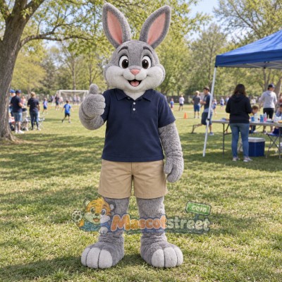 Gray Rabbit Mascot Costume with Navy Shirt and Khaki Shorts