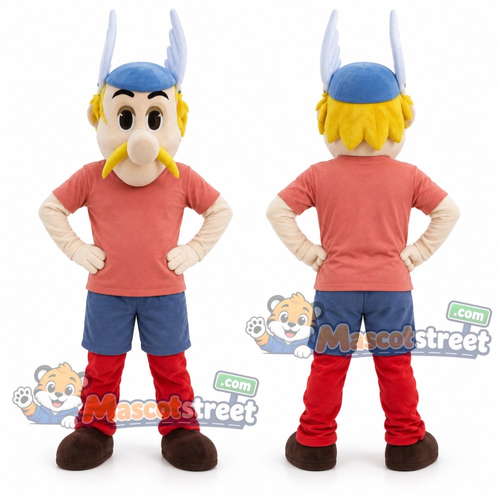 Viking Mascot Costume with Coral Shirt and Blue Horned Helmet