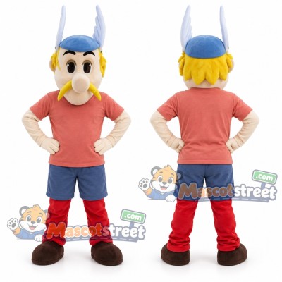 Viking Mascot Costume with Coral Shirt and Blue Horned Helmet