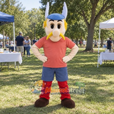 Viking Mascot Costume with Coral Shirt and Blue Horned Helmet