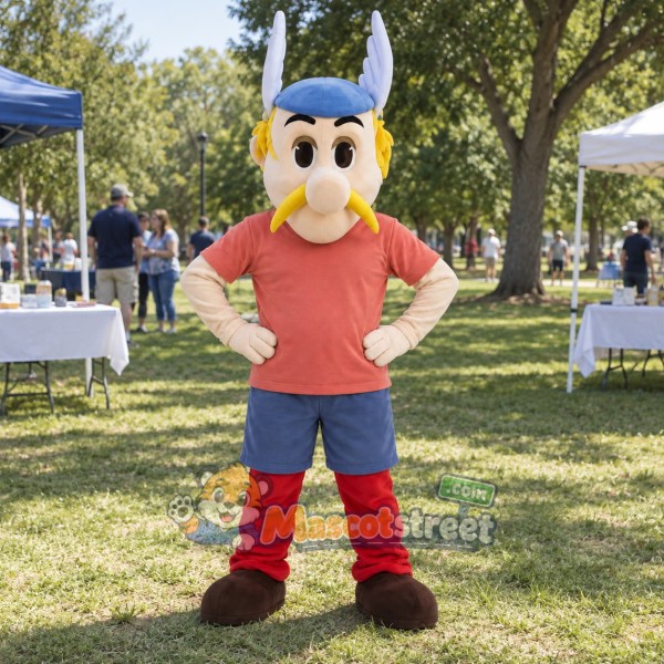 Viking Mascot Costume with Coral Shirt and Blue Horned Helmet