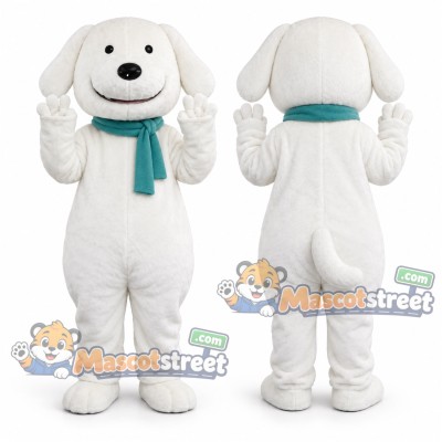 White Dog Mascot Costume with Teal Scarf White Dog Mascot Costume with Teal Scarf
